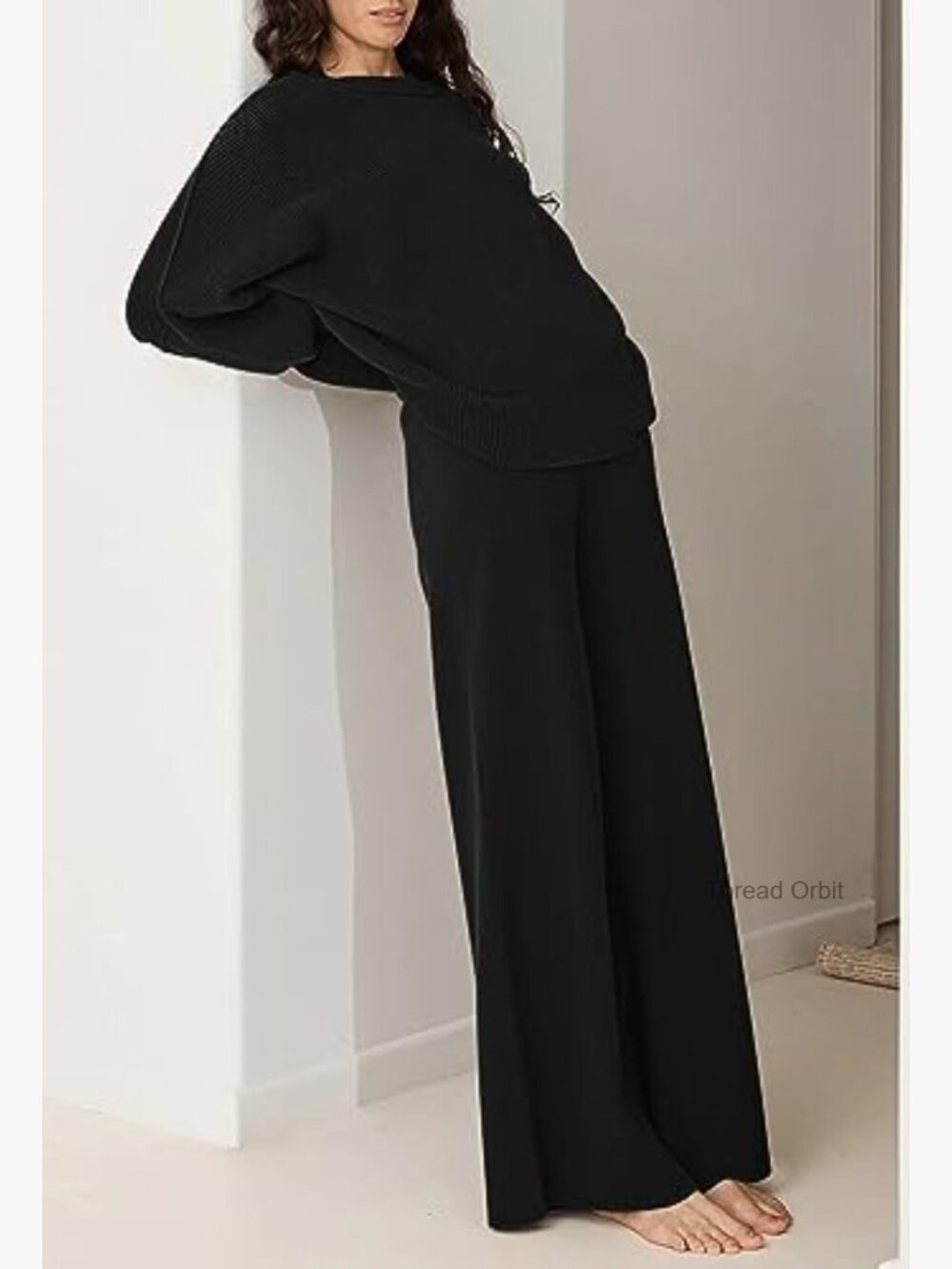 Medium Knit Sweater Set with Wide Leg Pants Loose Lounge Wear - Picture 3 of 7